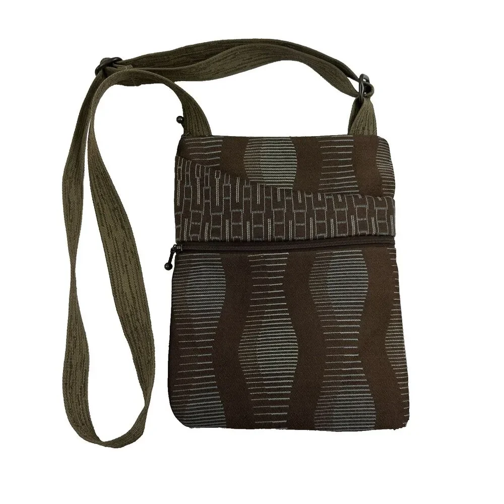 Maruca‎ Pocket Bag Crossbody Tapestry Purse Brown Blue Geo Fabric Adjustable